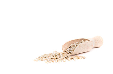 Sunflower seeds on a white background, isolated. Concept of eating seeds, cereals. Healthy eating, taking care of your health.