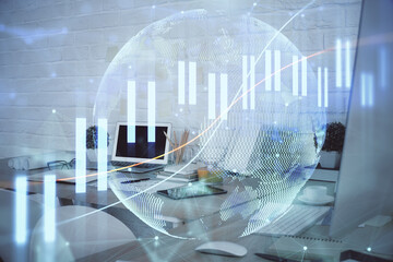 Multi exposure of stock market chart drawing and office interior background. Concept of financial analysis.