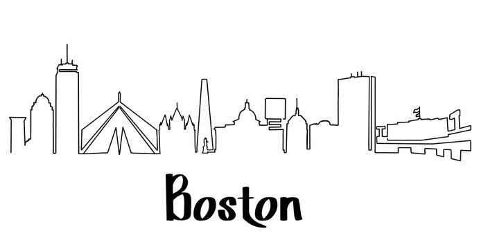 Boston Skyline Line Drawing. Simplified Drawing Includes All The Famous Landmarks And Towers. With City Name.