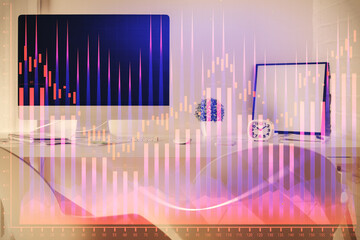 Multi exposure of stock market chart drawing and office interior background. Concept of financial analysis.