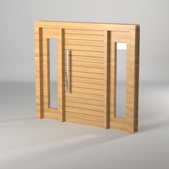 Render 3d de puerta de madera con barral metalico