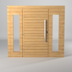 Render 3d de puerta de madera con barral metalico