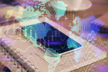 Double exposure of forex chart drawing and cell phone background. Concept of financial data analysis