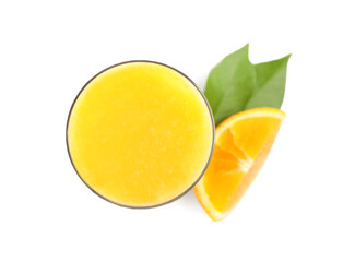 Tasty orange juice, fresh fruit and green leaves isolated on white, top view