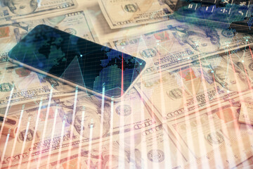 Double exposure of forex graph drawing over us dollars bill background. Concept of financial markets.