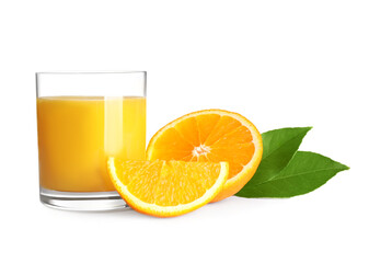 Tasty orange juice, fresh fruit and green leaves isolated on white