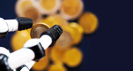 Coin in a robot hand, one euro against the background of a heap of coins, blue panoramic background. Robotic hand, copy space