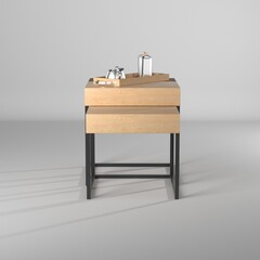 Modelo 3d de mesa de madera con decoraciones metalicas