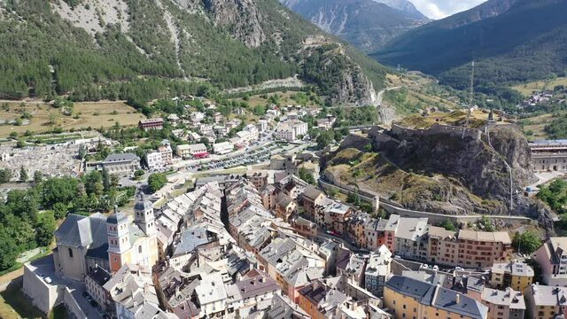 Panoramic view from the drone on the city Briancon. France