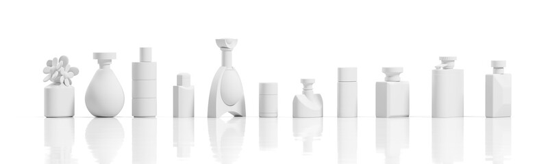 Perfume bottles or fragrance containers of various shapes  mockup isolated on white background. Perspective view. Perfumery and cosmetics packaging. 3d render