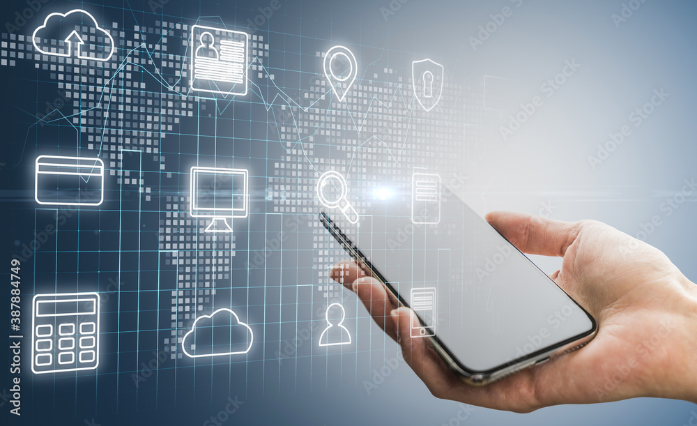 Poster hand holding phone with cloud computing map hologram.