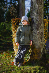 portrait of a boy on a walk in the autumn park.