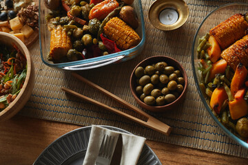 Warm toned background image of delicious homemade food on autumn dinner table, copy space