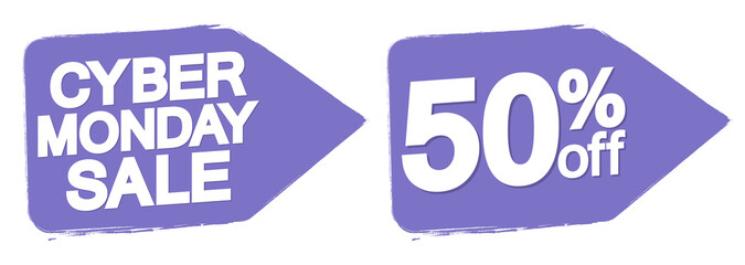 Cyber Monday Sale, 50% off, banners design template, discount tags, season offers, vector illustration