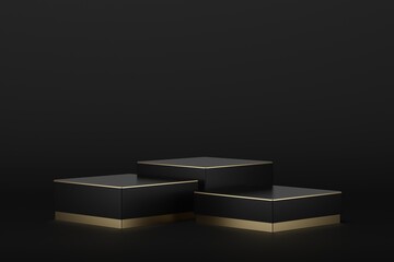 Box shape of product display, Luxury and modern concepts, Black and gold colors, 3D Rendering.