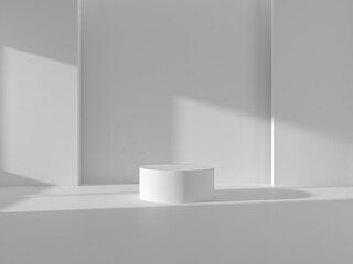 Abstract minimal scene with geometric forms. Pedestal. Cylinder wood podium stage in white background. for show product cosmetic presentation, mock up, 3d render.