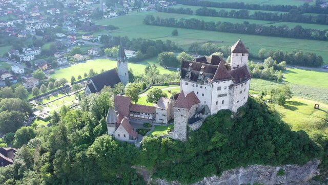 Picturesque summer landscape with Gutenberg Castle, important historic preserved castle located in town of Balzers, Principality of Liechtenstein
