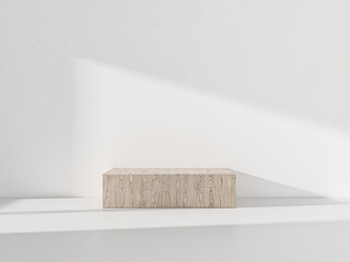 Abstract minimal scene with geometric forms. Box wood podium stage in white background. for show product cosmetic presentation, mock up, 3d render.