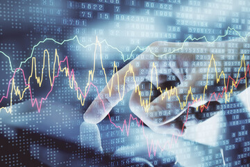 Multi exposure of man's hands holding and using a digital phone and forex graph drawing. Financial market concept.