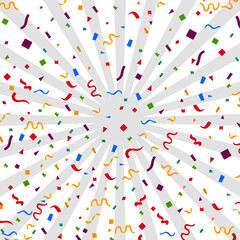 Streamers and confetti. Colourful tinsel and foil ribbons. Confetti falling rain on white background. . Elegant celebration concept. Background with many falling tiny confetti