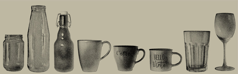 Stipple Technique Cups and Bottles Vector