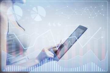 Double exposure of forex chart sketch hologram and woman holding and using a mobile device. Financial market concept.