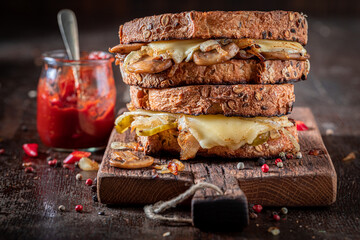 Tasty Toast with mushrooms, cheese and onion
