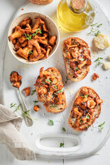Tasty Toast made of wild mushrooms, thyme and olive
