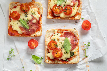 Unhealthy Toast with salami, cheese and tomato