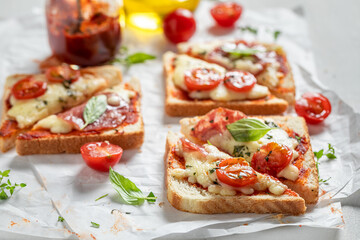 Tasty Toast with cheese, salami and basil