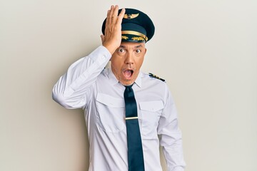 Handsome middle age mature man wearing airplane pilot uniform surprised with hand on head for mistake, remember error. forgot, bad memory concept.