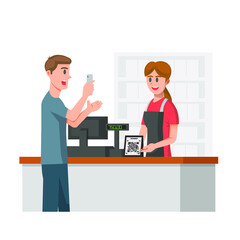 A man is asking the cashier for digital payment