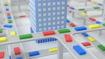 Traffic of multicolored primitive box cars of the abstract city in the daytime. The concept of urban life, traffic jams, metropolis, urbanism. Isometric city view. Shallow depth of field. 3d rendering
