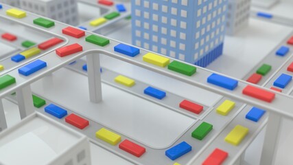 Traffic of multicolored primitive box cars of the abstract city in the daytime. The concept of urban life, traffic jams, metropolis, urbanism. Isometric city view. Shallow depth of field. 3d rendering