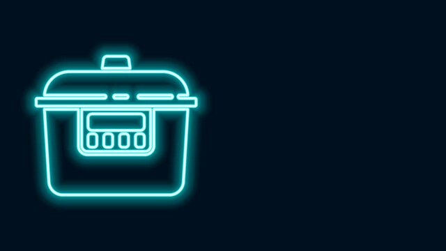 Glowing neon line Slow cooker icon isolated on black background. Electric pan. 4K Video motion graphic animation