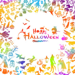 A multicolored frame of objects for Halloween. Monsters objects. Vector illustration