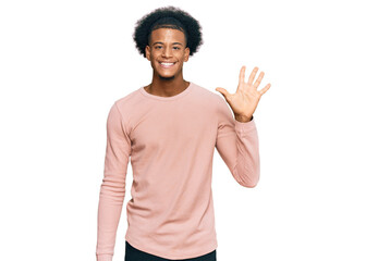 African american man with afro hair wearing casual clothes showing and pointing up with fingers number five while smiling confident and happy.