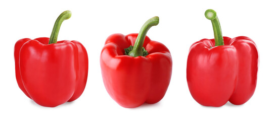 Set of red bell peppers on white background