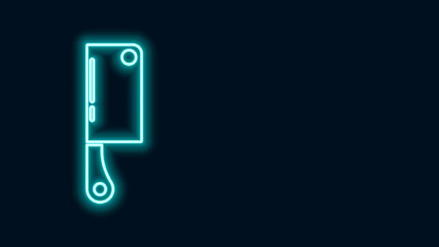 Glowing neon line Meat chopper icon isolated on black background. Kitchen knife for meat. Butcher knife. Happy Halloween party. 4K Video motion graphic animation