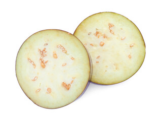 Slices of ripe eggplant isolated on white, top view
