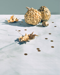 Autumn background with golden pumpkins and dry leaves. Fall decorations, copy-space on marble