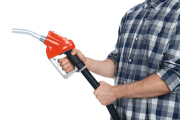 Man with fuel nozzle on white background, closeup. Gas station