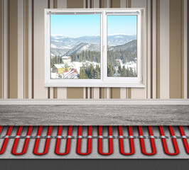 Fototapeta premium Cold season comfort. Room with installed underfloor heating system, illustration