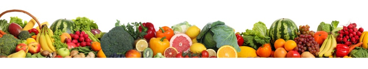 Collectie van verse biologische groenten en fruit op witte achtergrond. Bannerontwerp