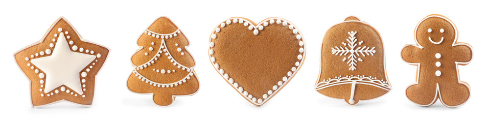 Set of different Christmas cookies on white background. Banner design