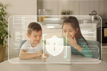 Child safety online. Little kids using tablet at home. Illustration of internet blocking app on...