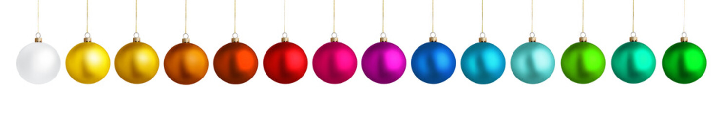 Set of bright Christmas balls on white background. Banner design