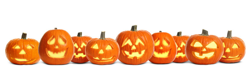 Set of carved Halloween pumpkins on white background. Banner design