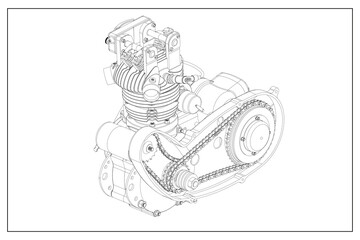 3D design of a motorcycle engine with exploded view.