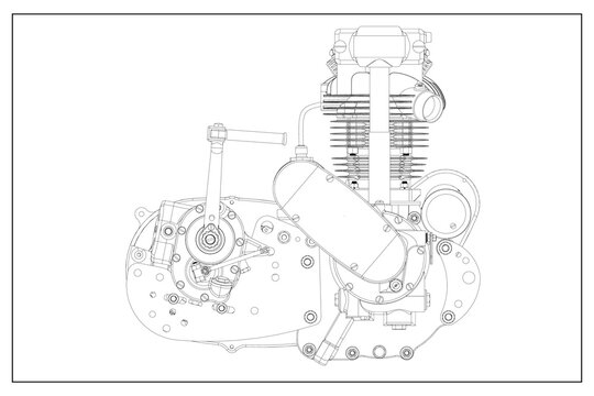 3D design of a motorcycle engine with exploded view.